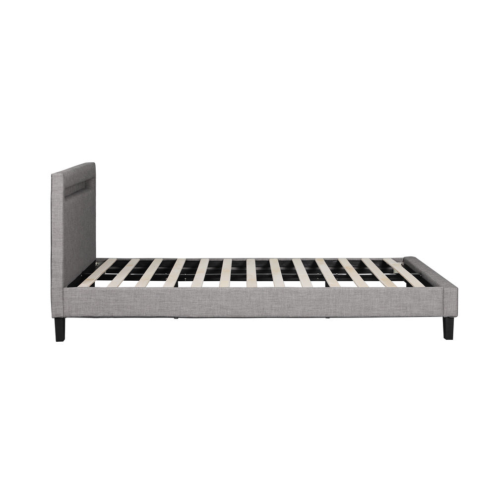 Grey Fabric Wooden Queen Size Bed Frame with RGB LED