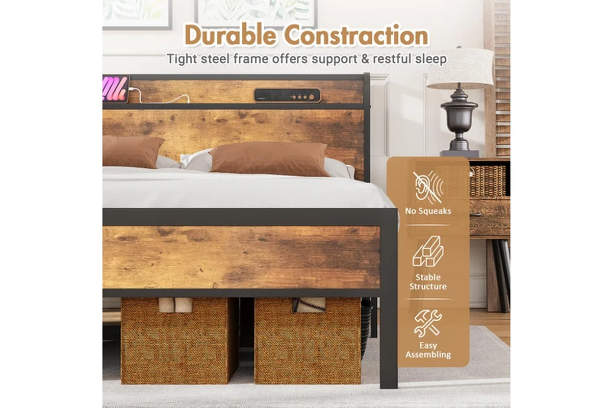 Bed Frame with Charging Station & Headboard Shelf Queen Size