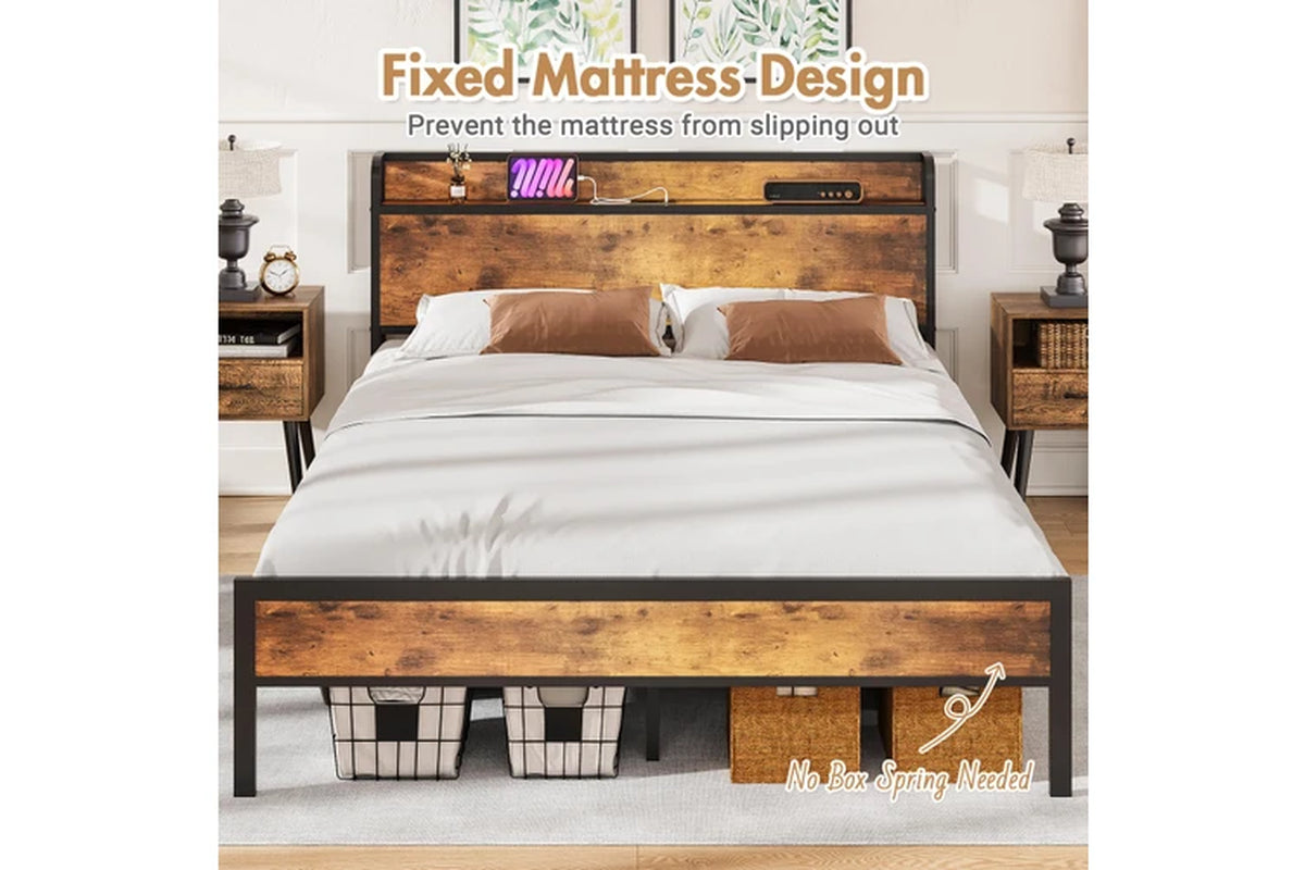 Bed Frame with Charging Station & Headboard Shelf Queen Size