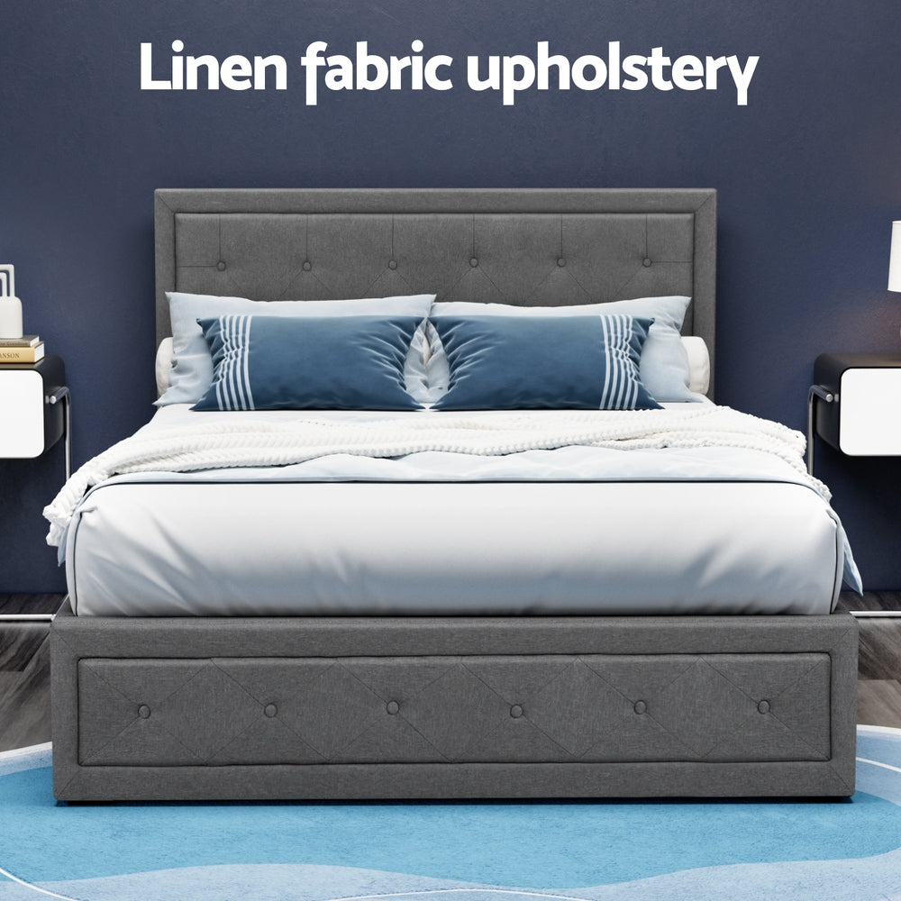 Artiss Tiyo Gas Lift Bed Frame Double - Grey Linen Storage Bed - Deal Done