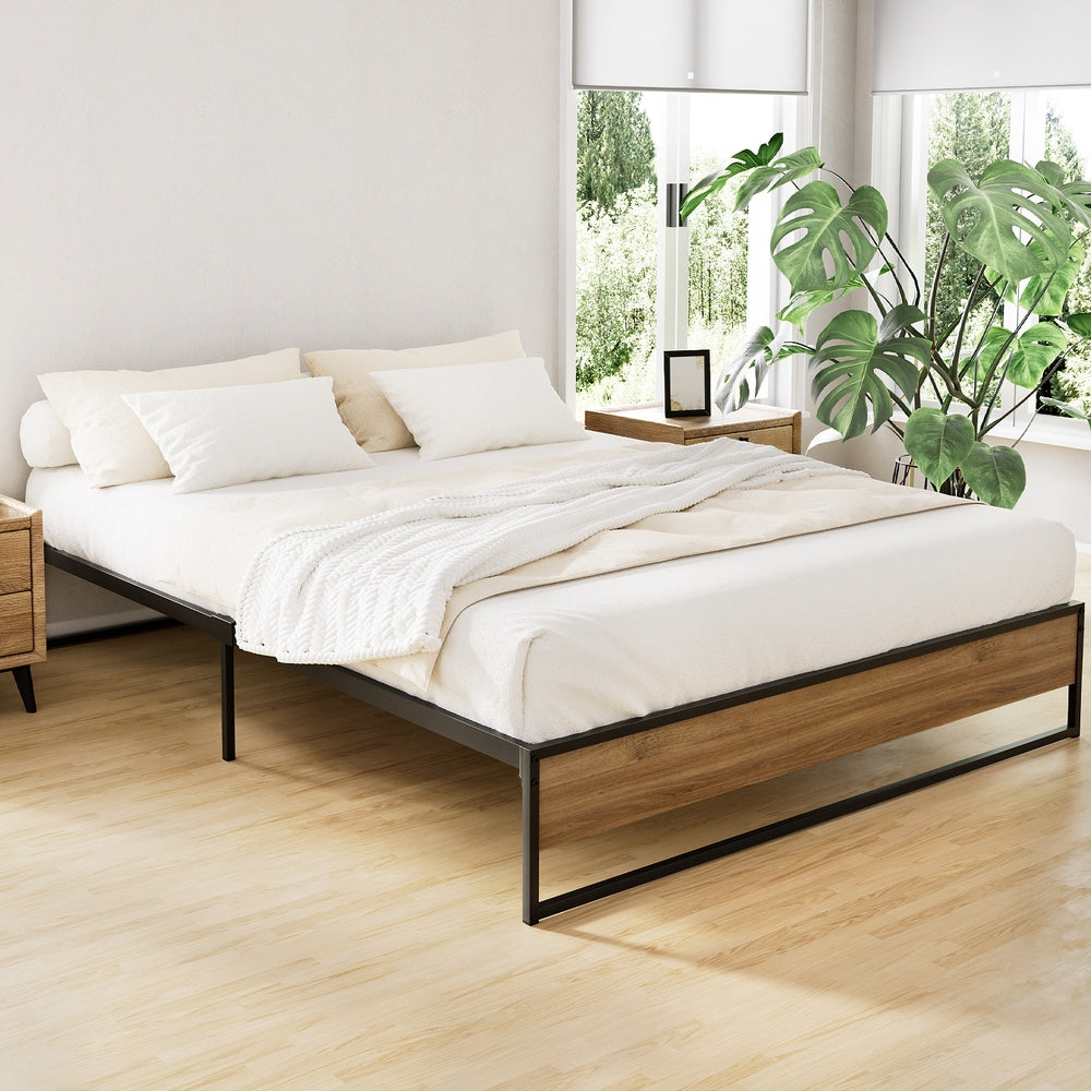 Artiss Oslo Queen Bed Frame - Industrial Metal & Wood Design - Deal Done