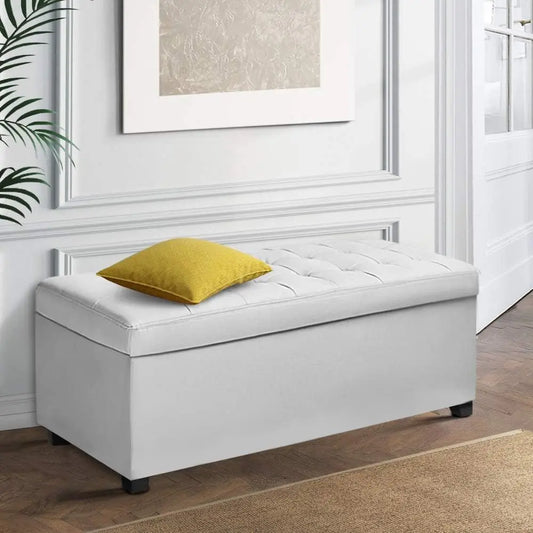 Storage Ottoman Foot Rest Stool 97cm - Padded Seat Blanket Box Chest White Faux Leather - Deal Done