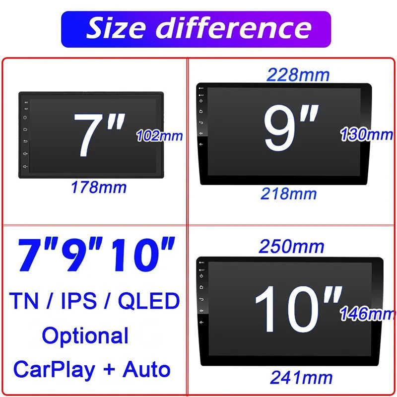Android 13 Car Radio 7/9/10 Inch Double Din - GPS CarPlay WiFi Bluetooth Multimedia Stereo 64G