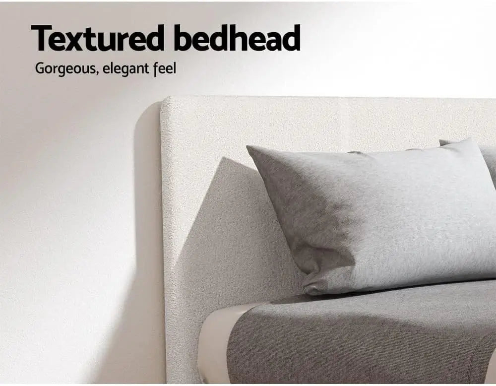 Queen Bed Frame with Wooden Headboard - White Boucle Upholstered Platform Bed - Deal Done