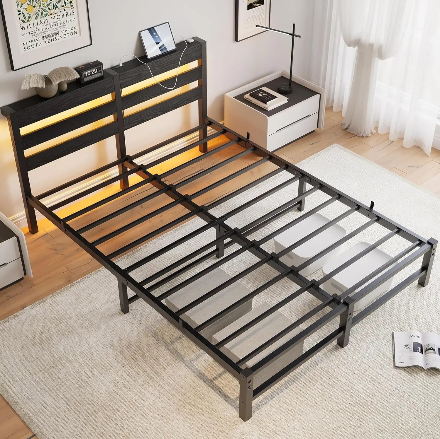 XMSJ Queen Bed Frame Black USB Charging Station LED Lights - Metal Platform Wood Storage Headboard - Deal Done