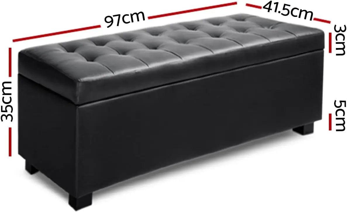 Storage Ottoman Foot Rest Stool 97cm - Padded Seat Blanket Box Chest Black Faux Leather - Deal Done