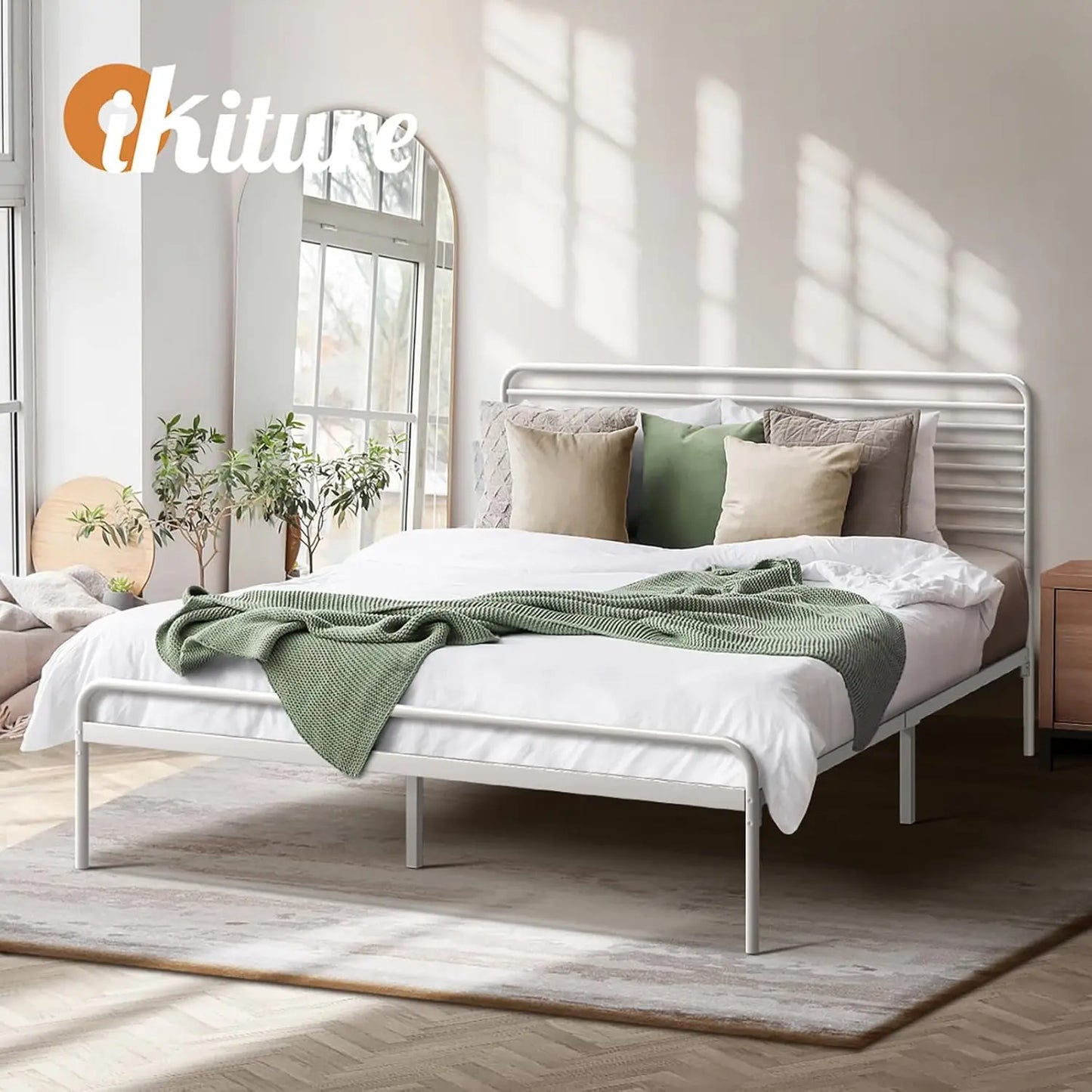 XMSJ Double Bed Frame White - Metal Bed Base with Headboard Classic Style - Deal Done