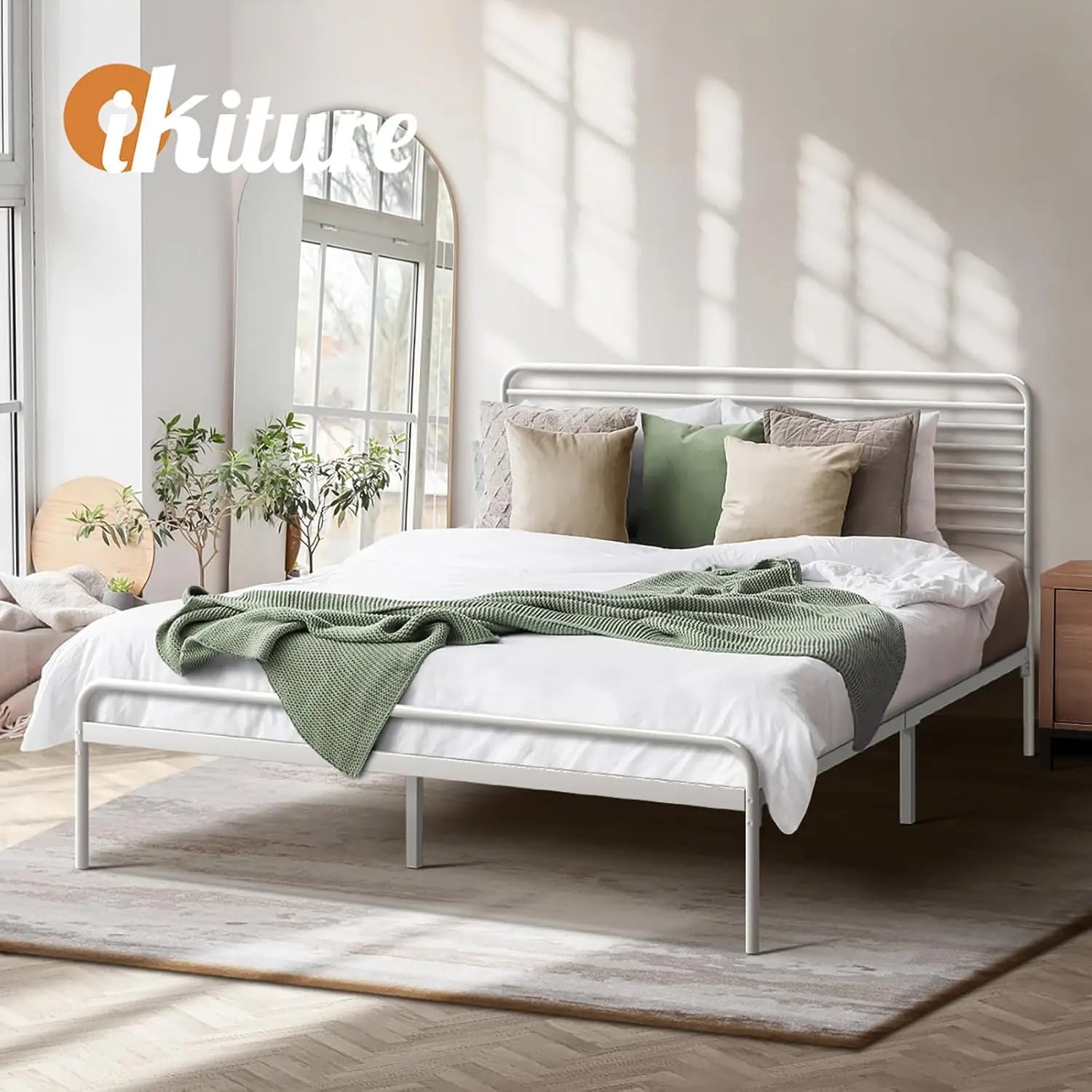 XMSJ Double Bed Frame White - Metal Bed Base with Headboard Classic Style - Deal Done