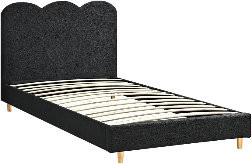 Single Bed Frame Fabric Upholstered Platform Bed Base with Headboard, Black - Deal Done