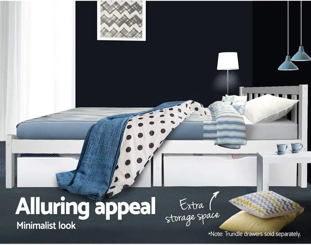 XMSJ Wooden Queen Bed Frame White - Platform Base 26cm Storage Space Timber Noise Free - Deal Done