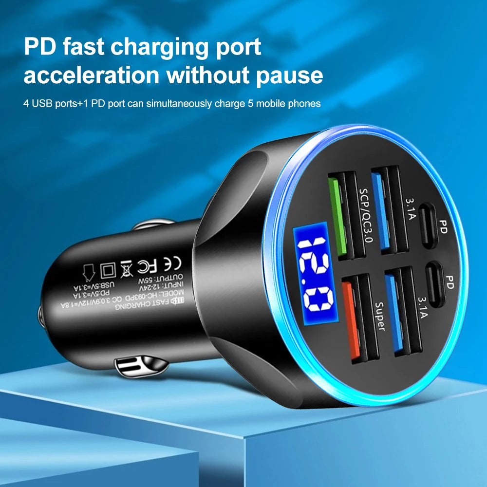 Velev 250W Multi-Port Car Charger - PD QC3.0 Fast Charge 6-Port Cigarette Lighter Adapter - Deal Done