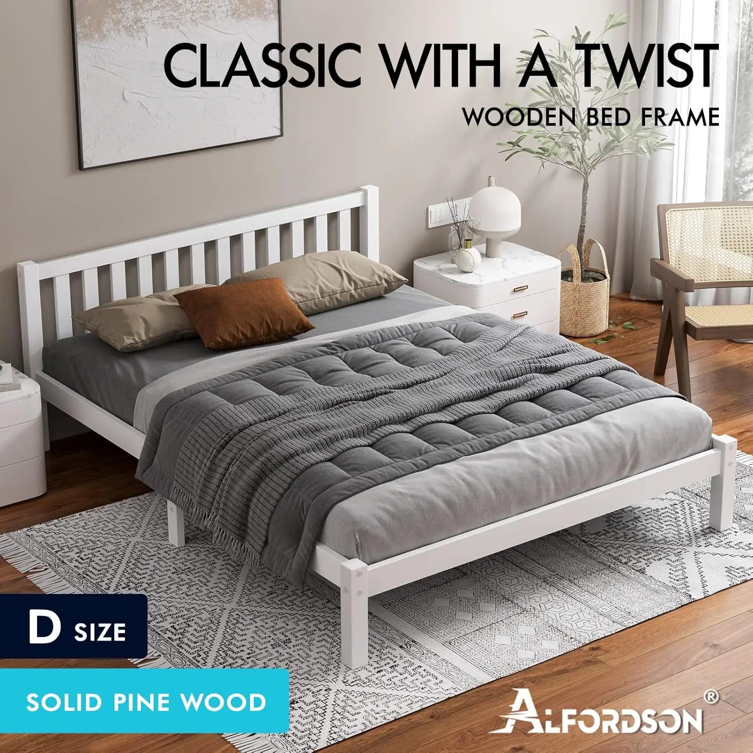 XMSJ Double Wooden Bed Base White - Pine Timber Slats Platform 1600mm - Deal Done