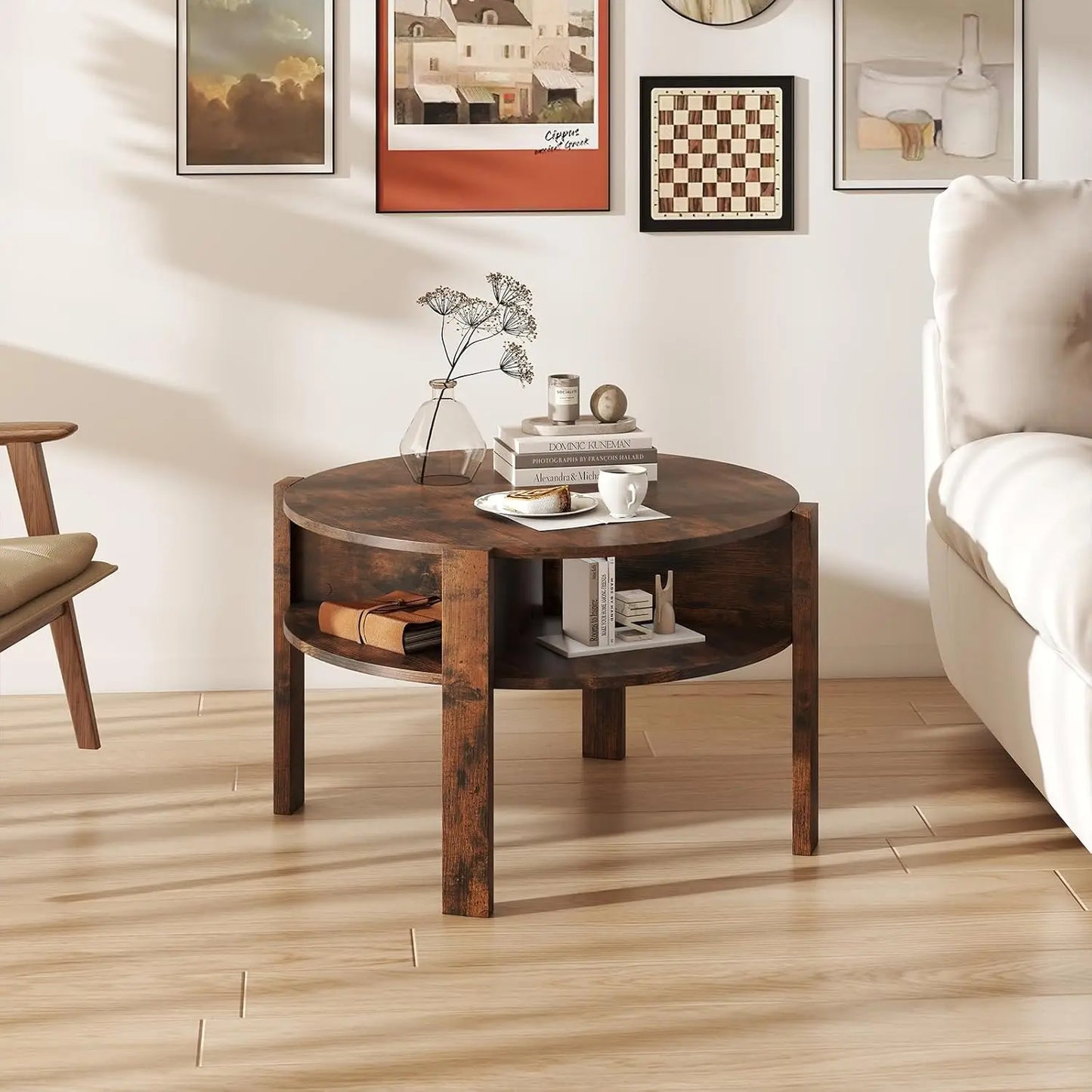 XMSJ Coffee Table 2-Tier - Mid Century Modern with Storage Shelves & 4 Compartments - Deal Done