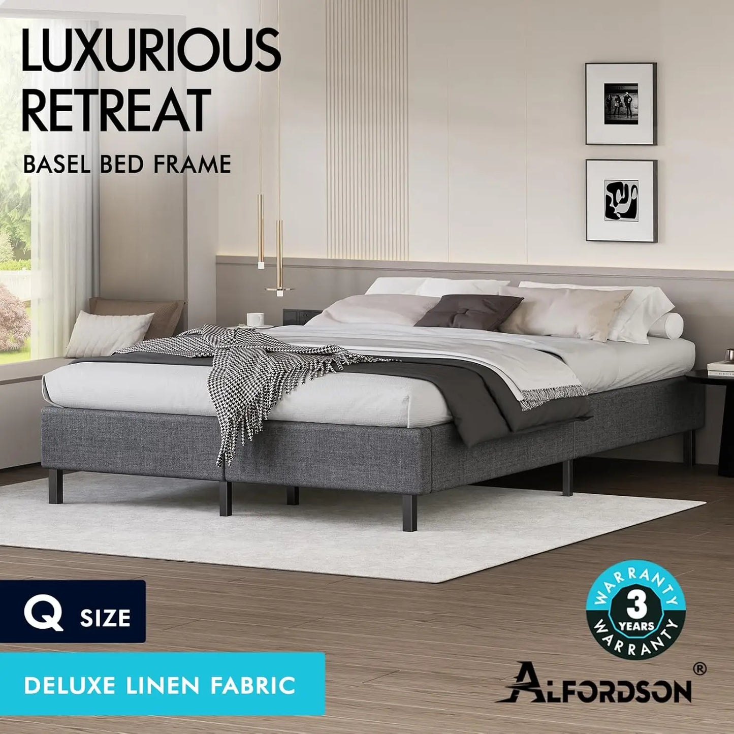 XMSJ Queen Platform Bed Frame Grey - Linen Upholstered No Headboard - Deal Done