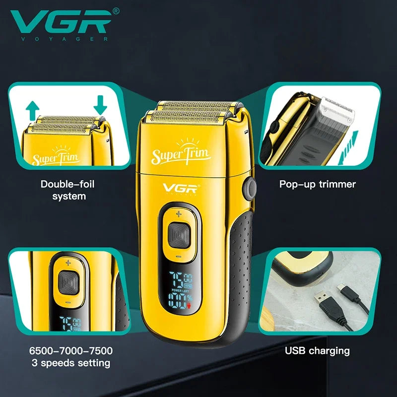 VGR 3-Speed Rechargeable Beard Electric Shaver For Men Hair Razor Bald Head Fade Shaving Machine Finishing Tool With Extra Mesh - Deal Done