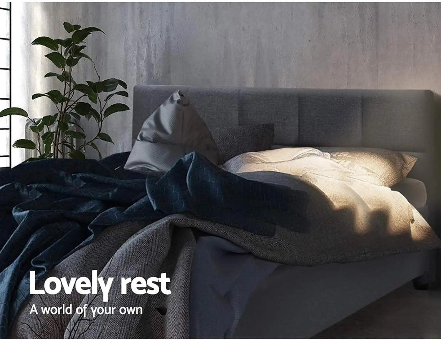 XMSJ Double Bed Frame Platform Checkered Headboard - Upholstered Charcoal Wooden Base - Deal Done