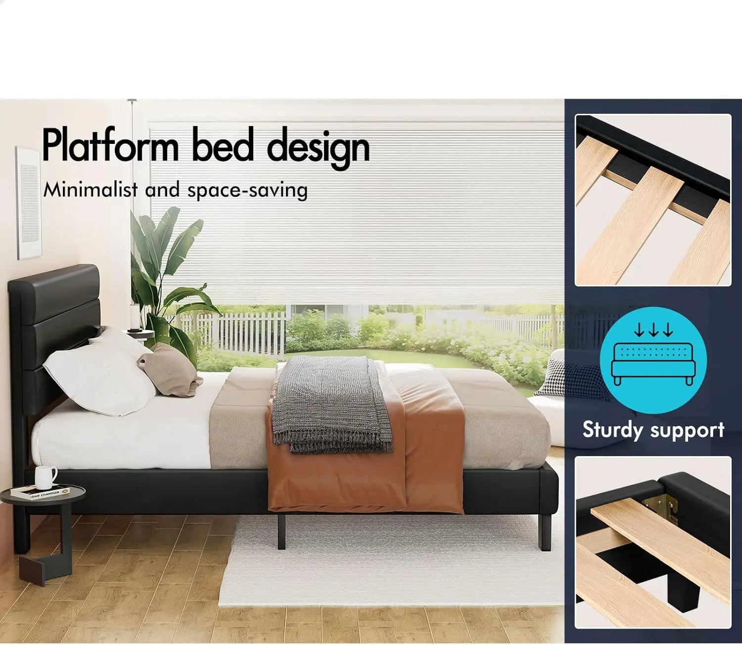 XMSJ Double Bed Frame with Headboard - PU Leather Upholstered Platform Foundation - Deal Done