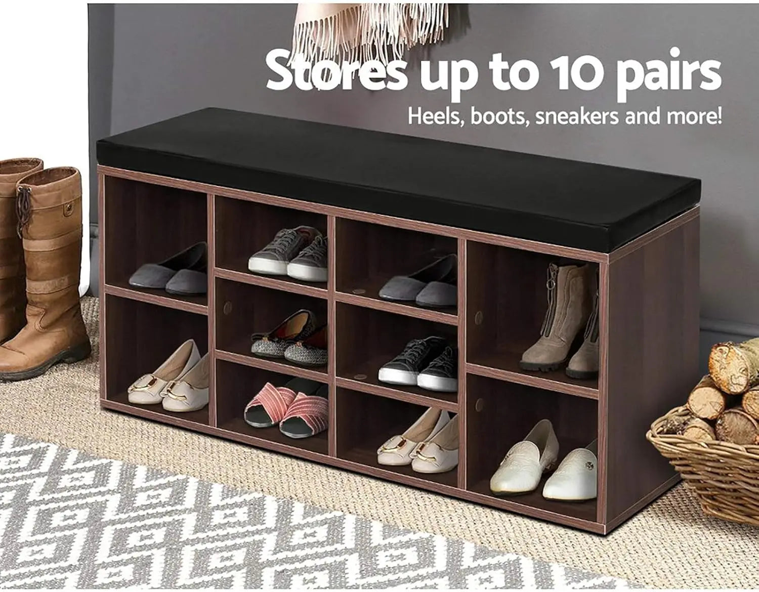 XMSJ Shoe Rack Cabinet Walnut - 10 Shelves Storage Organiser with Drawer - Deal Done
