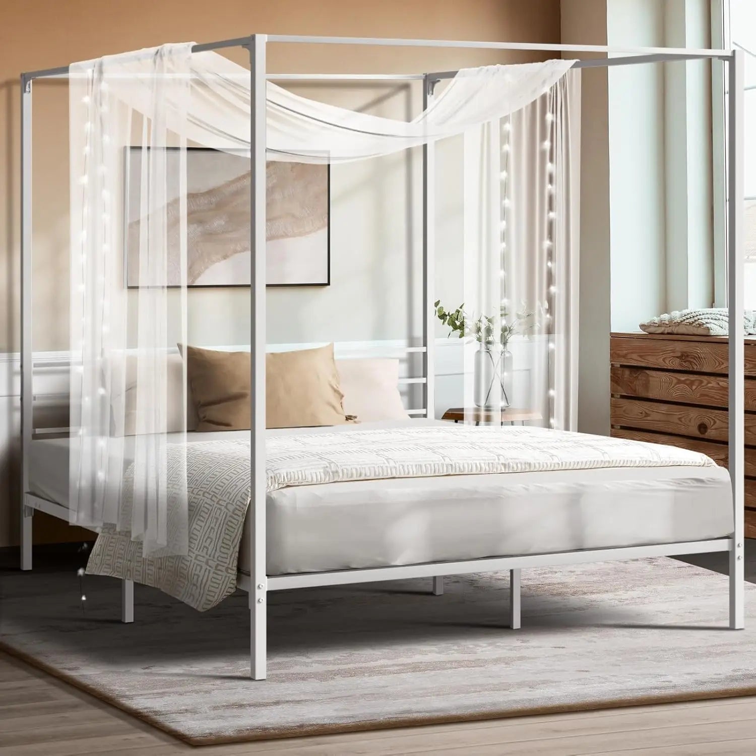 XMSJ Bed Frame Double Size Canopy - Metal Bed Base White Classic Style - Deal Done
