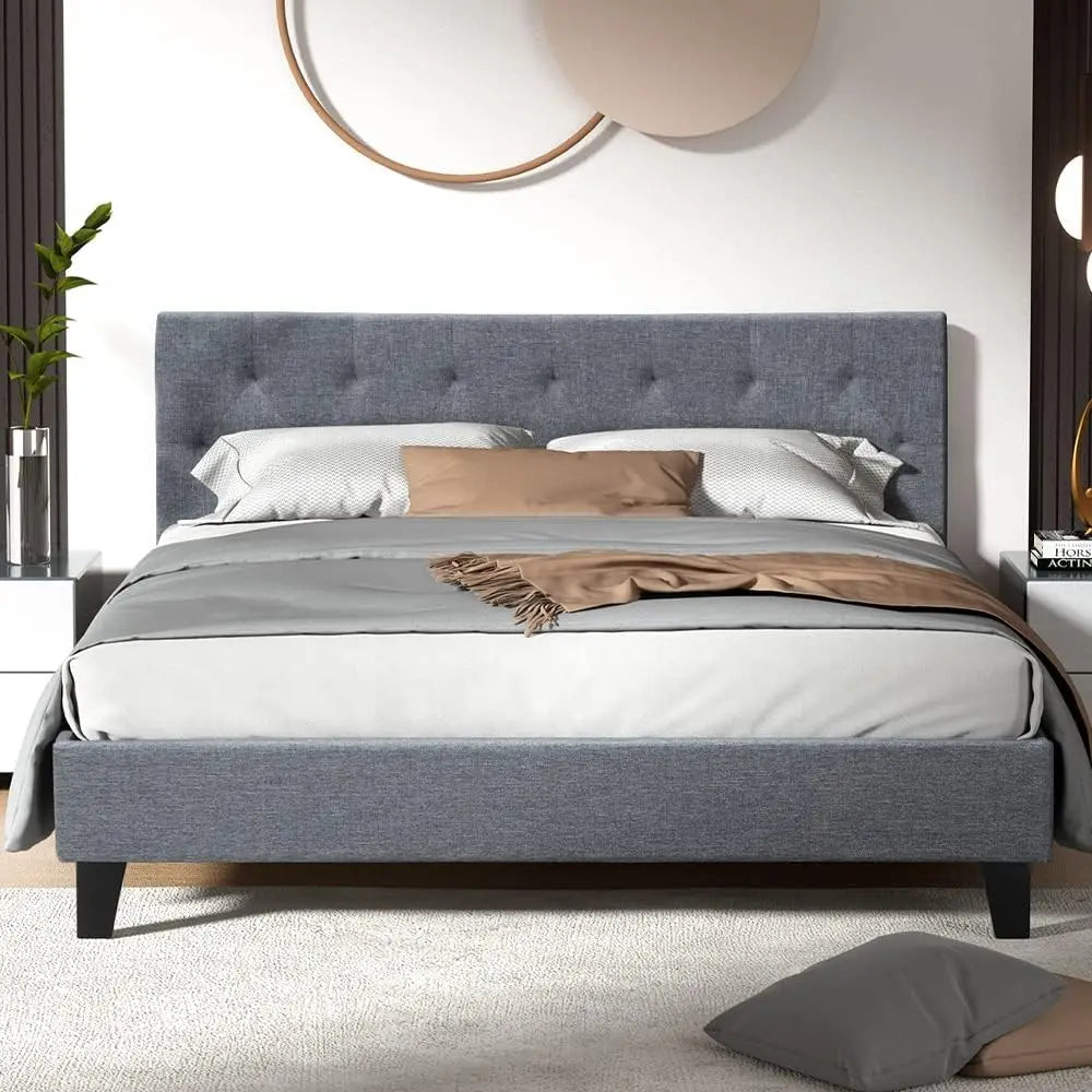 XMSJ Queen Bed Frame Tufted Headboard - Platform Base Grey Faux Linen Upholstered - Deal Done