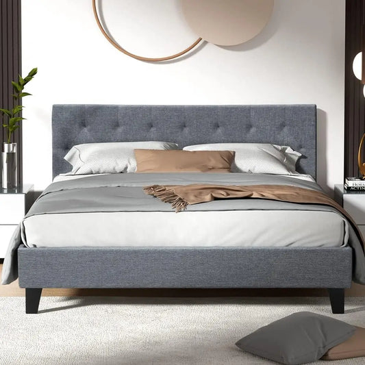 XMSJ Queen Bed Frame Tufted Headboard - Platform Base Grey Faux Linen Upholstered - Deal Done