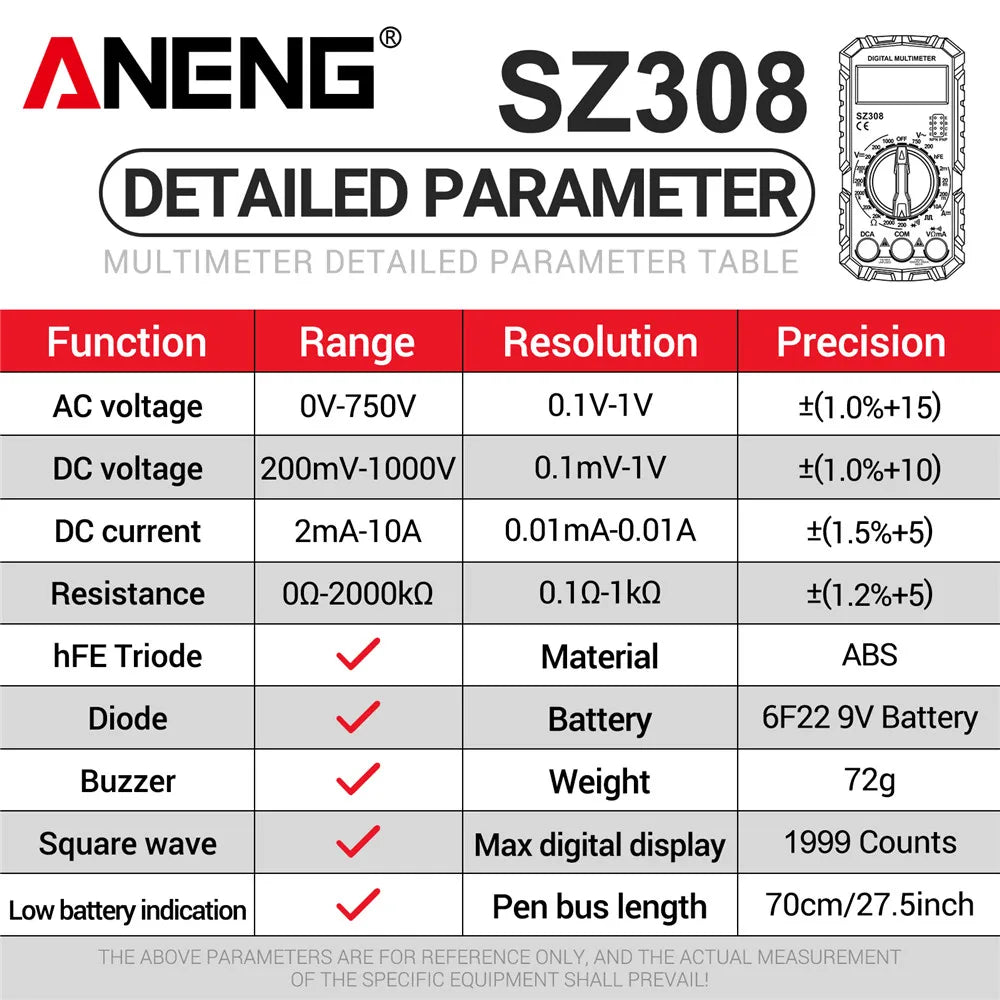 ANENG SZ308 Digital Multimeter – AC/DC Voltage & Current