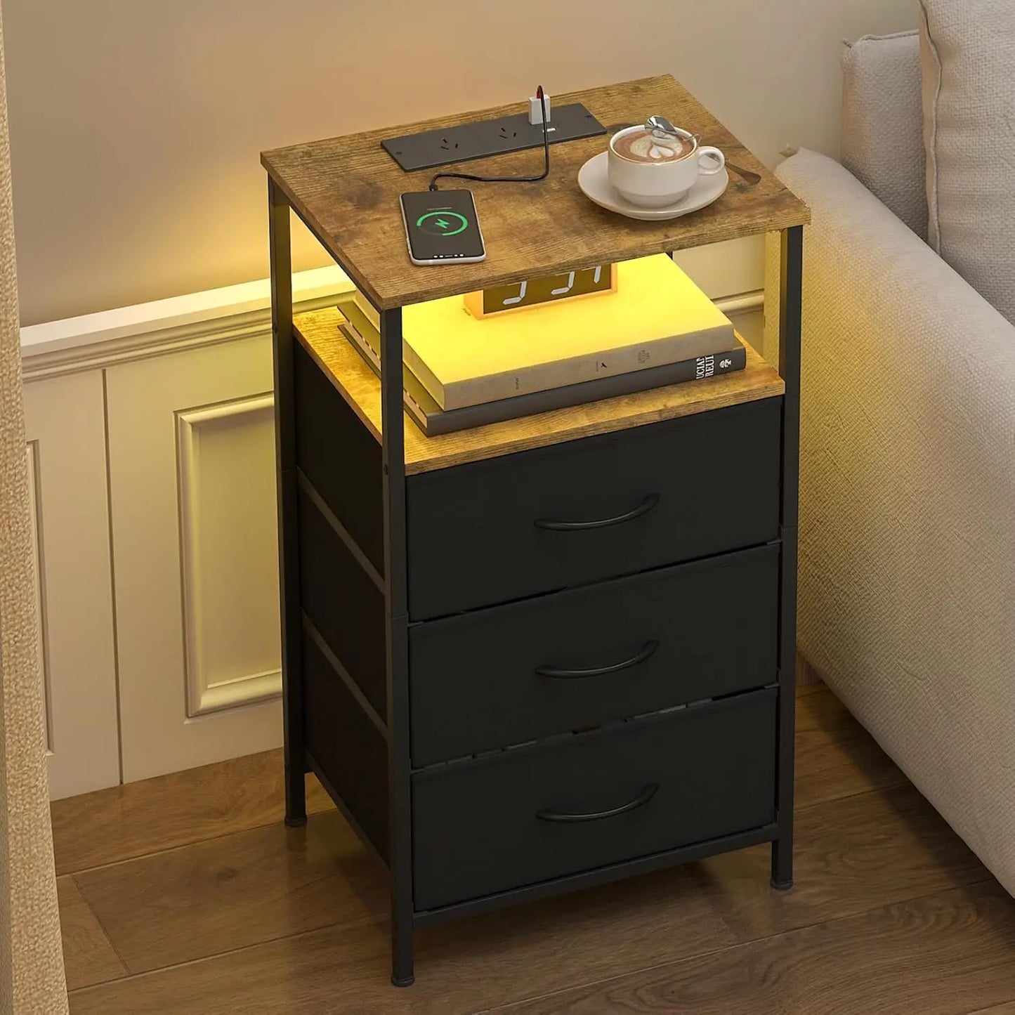 XMSJ LED End Table Modern Morocco - Charging Station with 3 Fabric Drawers & Shelf - Deal Done