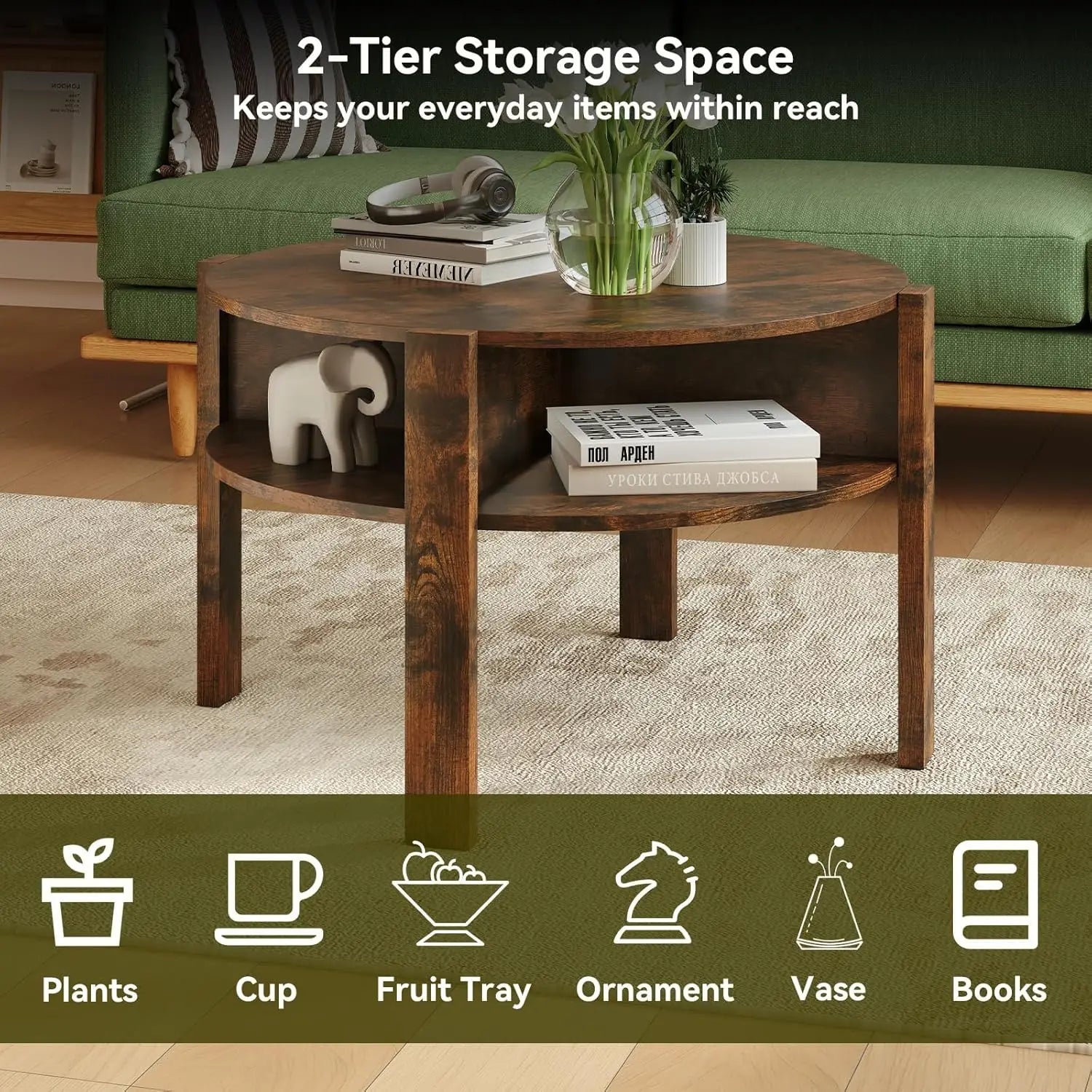 XMSJ Coffee Table 2-Tier - Mid Century Modern with Storage Shelves & 4 Compartments - Deal Done