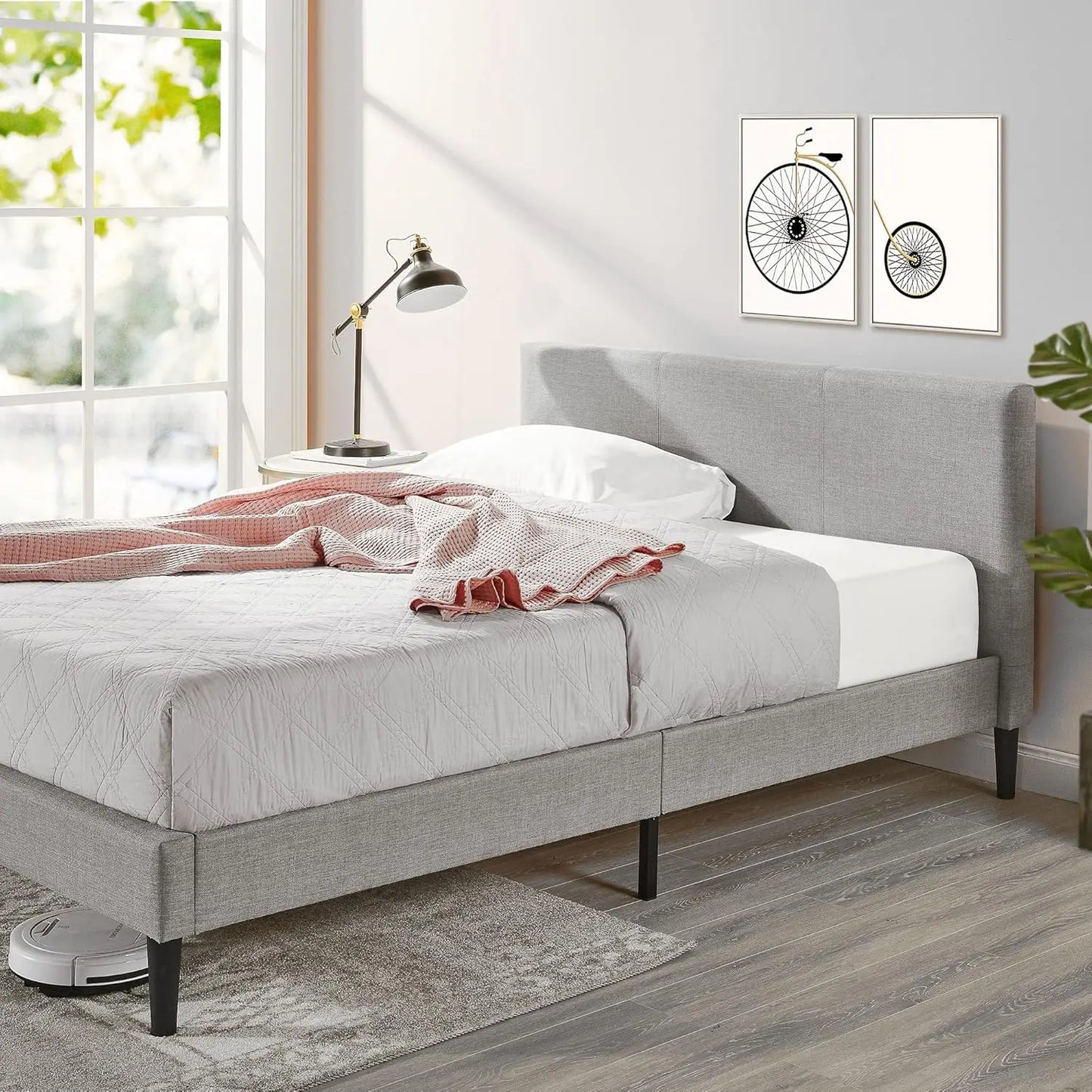 XMSJ Queen Bed Frame Fabric Upholstered Platform - Light Grey Classic Style - Deal Done