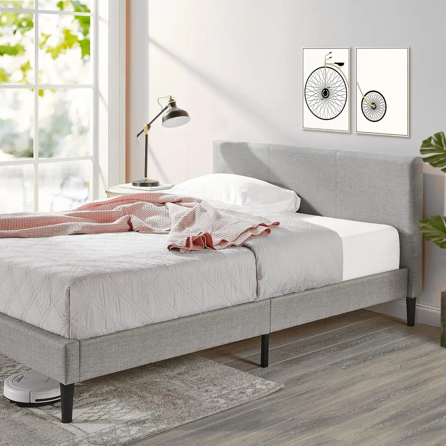 XMSJ Queen Bed Frame Fabric Upholstered Platform - Light Grey Classic Style - Deal Done