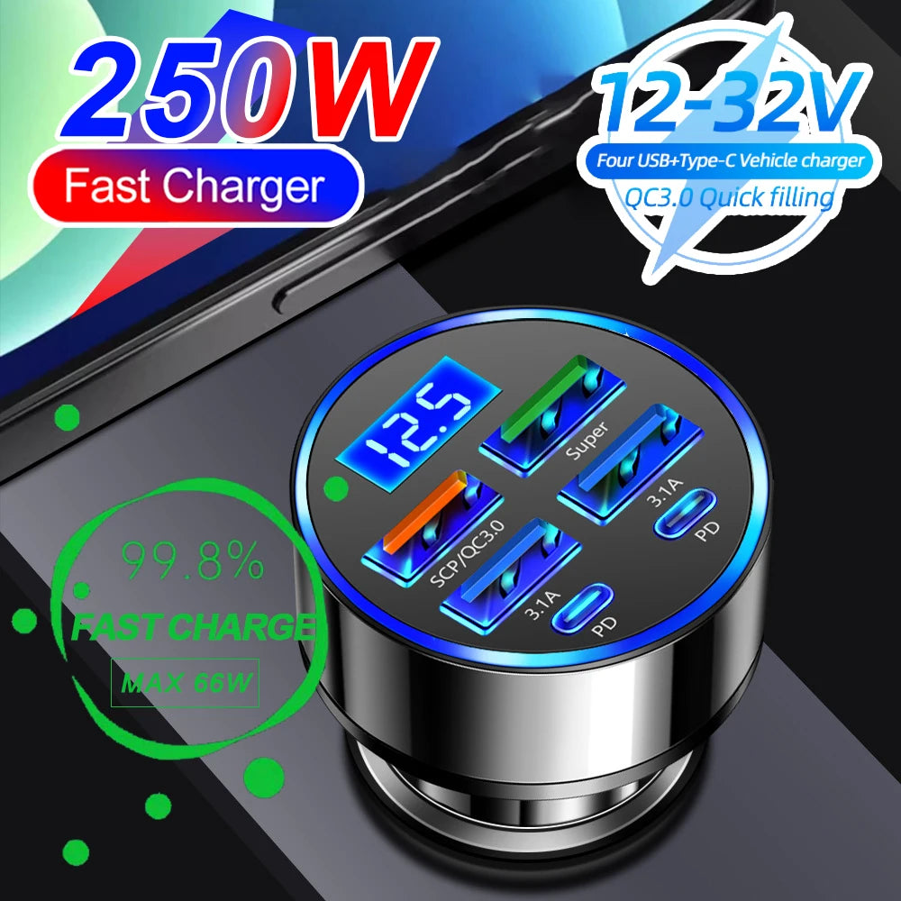 Velev 250W Multi-Port Car Charger - PD QC3.0 Fast Charge 6-Port Cigarette Lighter Adapter - Deal Done