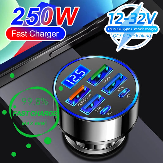 Velev 250W Multi-Port Car Charger - PD QC3.0 Fast Charge 6-Port Cigarette Lighter Adapter - Deal Done
