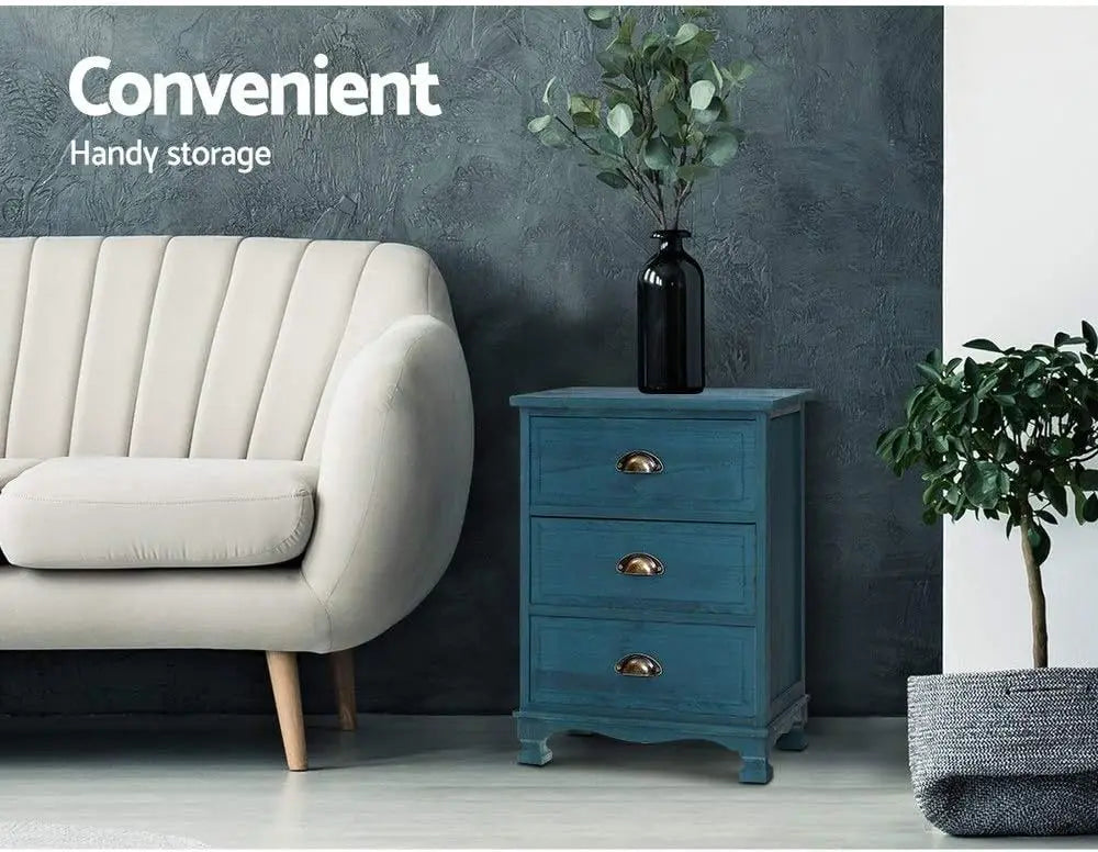 XMSJ Vintage Blue Bedside Table Modern Morocco - 3 Drawer Chest Storage - Deal Done