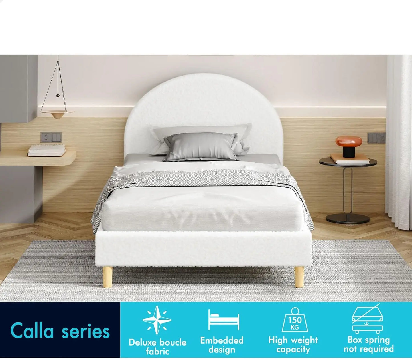 Single Size Bed Frame Calla Series, Boucle Fabric White, Bed Base Mattress Platform Foundation with Headboard - Deal Done