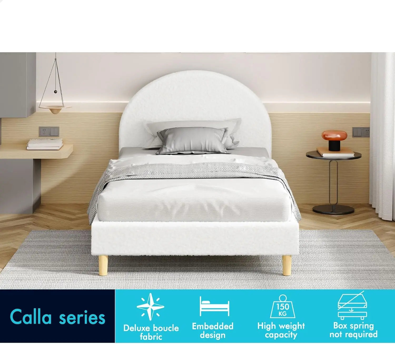 Single Size Bed Frame Calla Series, Boucle Fabric White, Bed Base Mattress Platform Foundation with Headboard - Deal Done