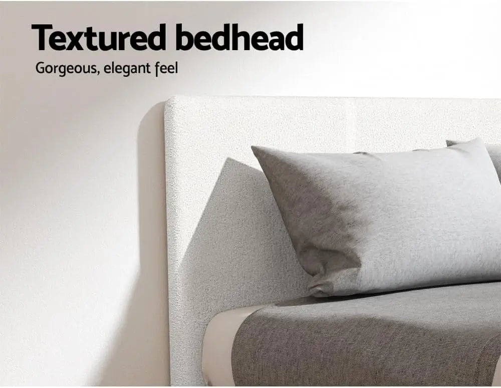 Queen Bed Frame with Wooden Headboard - White Boucle Upholstered Platform Bed - Deal Done