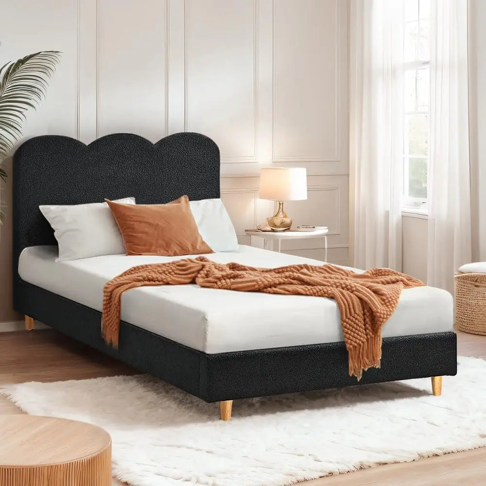 Single Bed Frame Fabric Upholstered Platform Bed Base with Headboard, Black - Deal Done