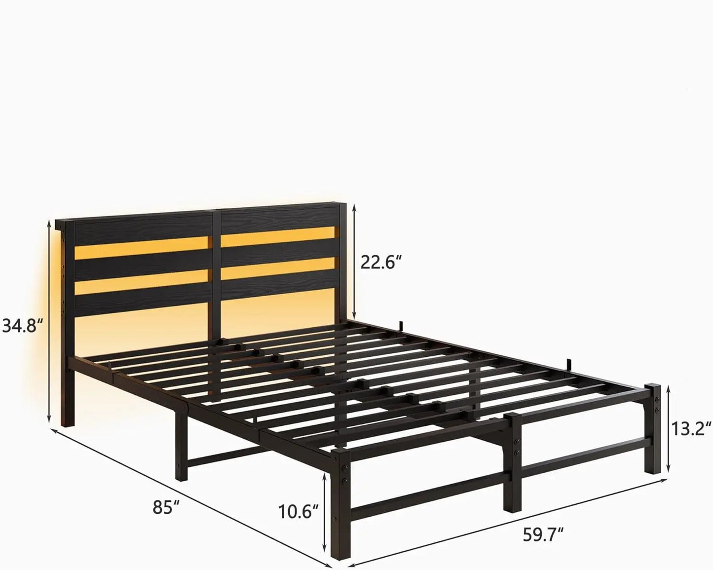 XMSJ Queen Bed Frame Black USB Charging Station LED Lights - Metal Platform Wood Storage Headboard - Deal Done