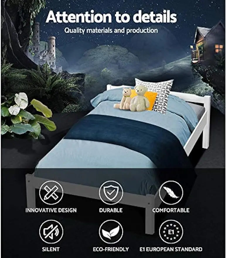 King Single Bed Frame，White Heavy Solid Wooden Bed Base with Thicken Timber Slats, Pine Wood Bed Foundation with Storage Space, - Deal Done