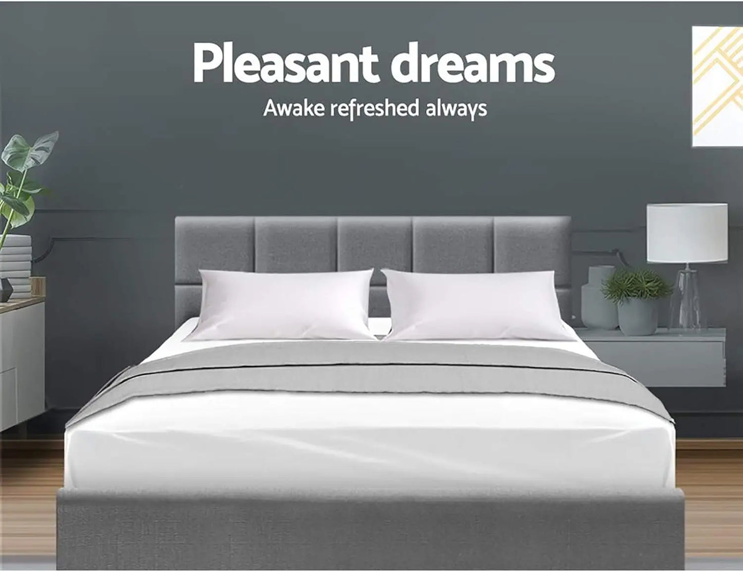 XMSJ Queen Bed Frame Platform Checkered Headboard - Upholstered Grey Fabric Wooden Base - Deal Done