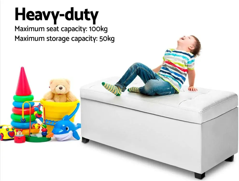 Storage Ottoman Foot Rest Stool 97cm - Padded Seat Blanket Box Chest White Faux Leather - Deal Done