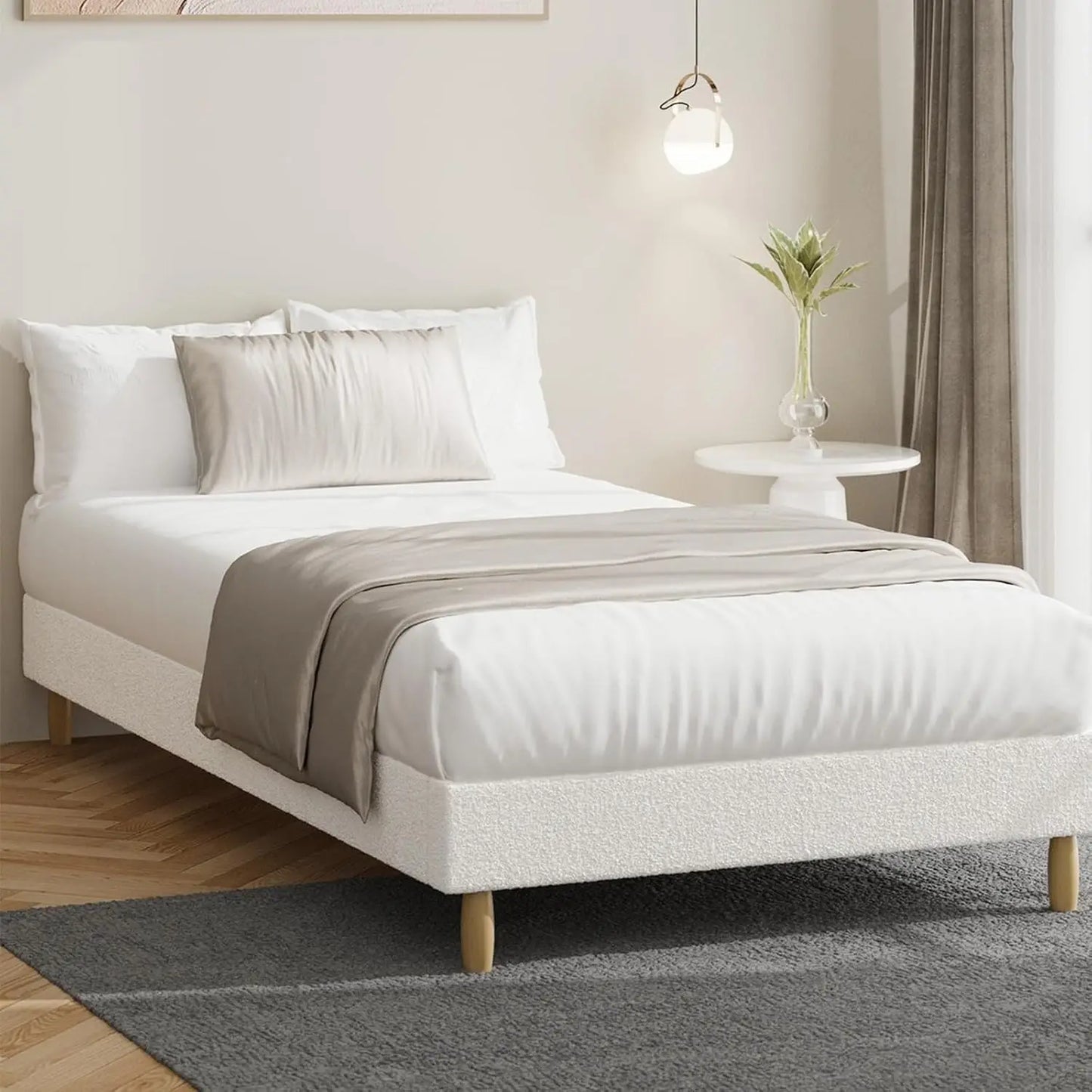 Queen Size Bed Frame Boucle Bed Base White - Deal Done