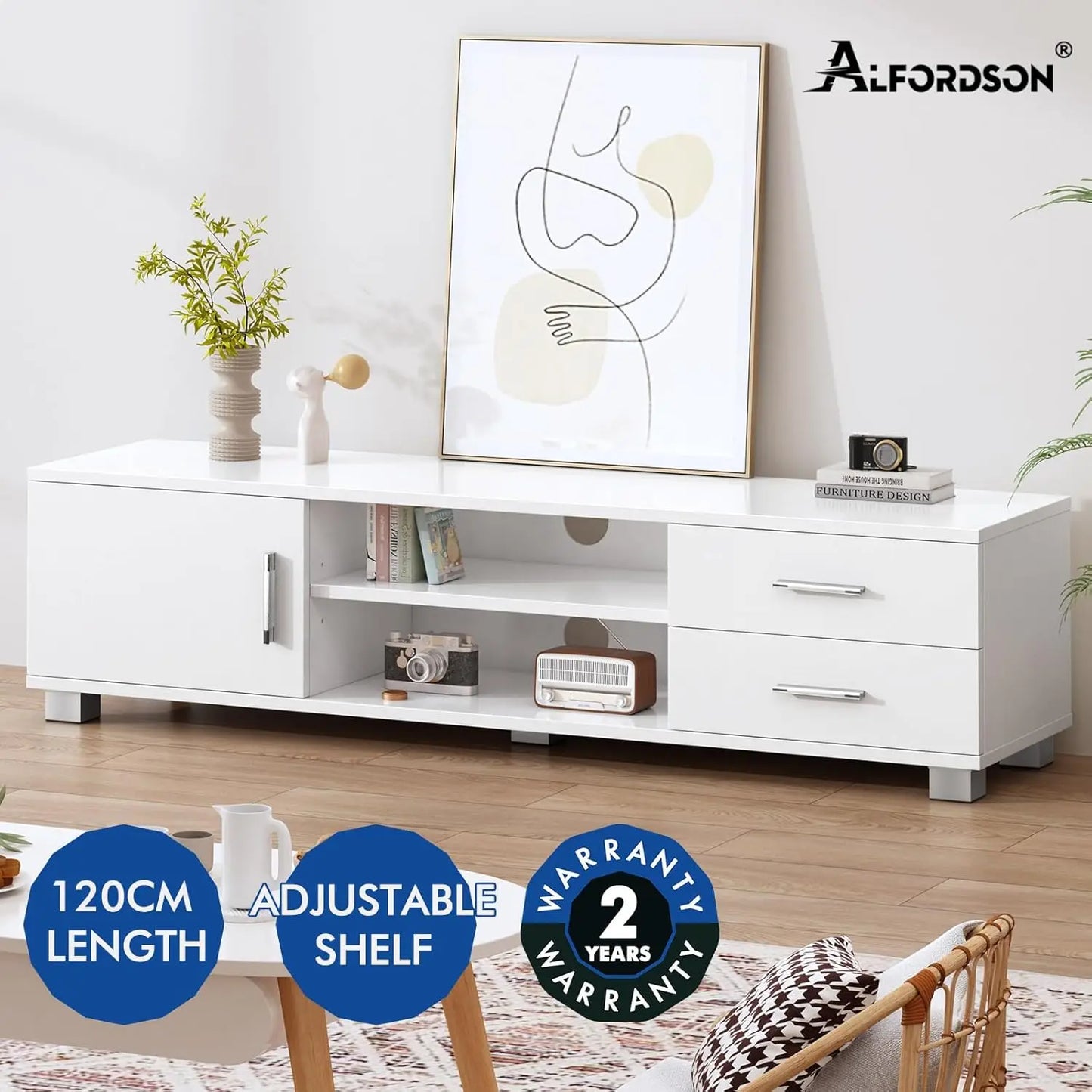 XMSJ TV Cabinet Stand 120cm - Modern Entertainment Unit with 2 Drawers & Shelves - Deal Done