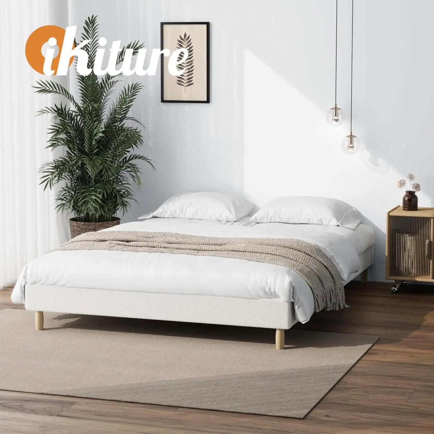 Queen Size Bed Frame Boucle Bed Base White - Deal Done