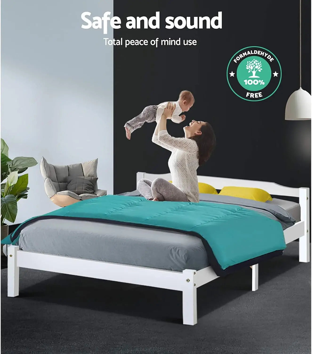 XMSJ Wooden Double Bed Base White - Pine Platform with Headboard & Storage - Deal Done