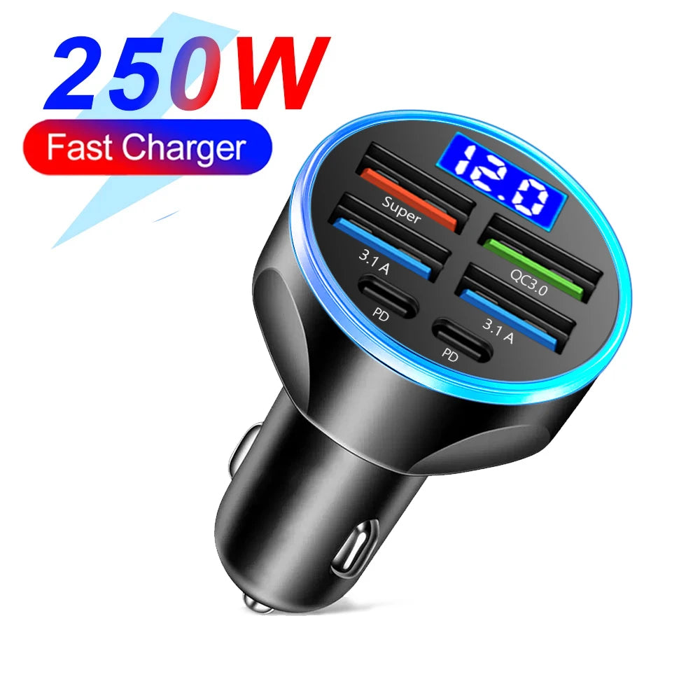 Velev 250W Multi-Port Car Charger - PD QC3.0 Fast Charge 6-Port Cigarette Lighter Adapter - Deal Done