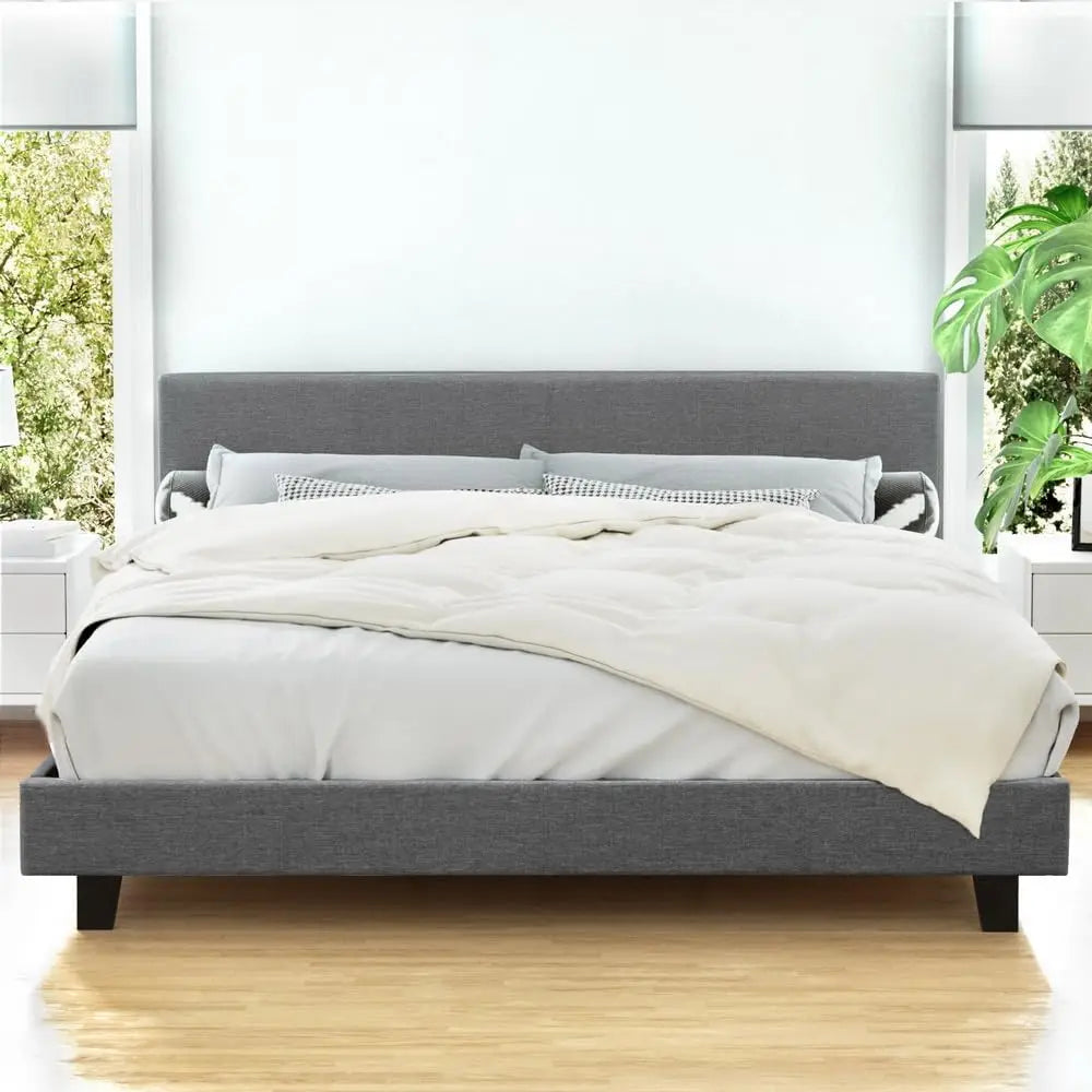 XMSJ King Size Bed Frame Grey NEO - Fabric Upholstered Platform Mattress Base - Deal Done