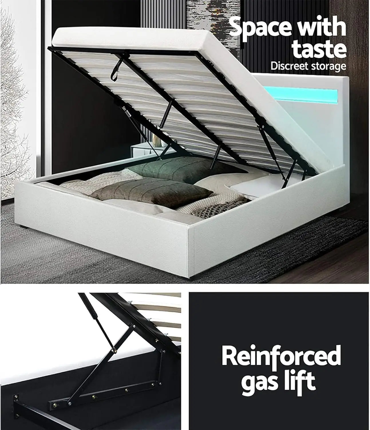 XMSJ Double Bed Frame with RGB LED Headboard & Gas Lift Storage - Platform Base (1500mm) - Deal Done