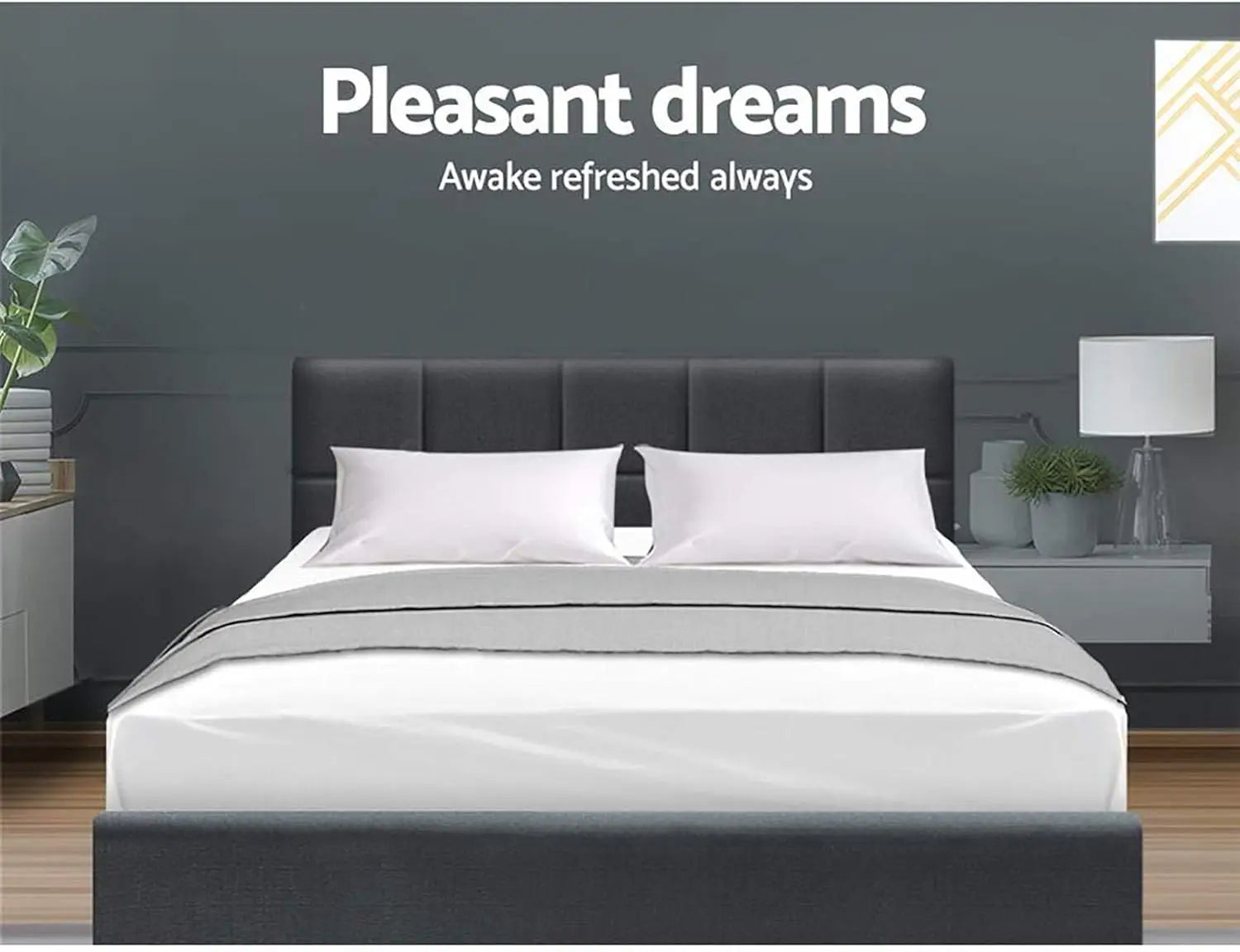 XMSJ Double Bed Frame Platform Checkered Headboard - Upholstered Charcoal Wooden Base - Deal Done