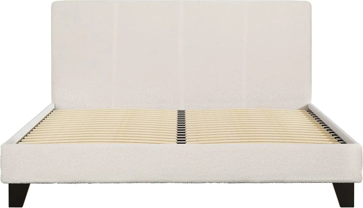 Queen Bed Frame with Wooden Headboard - White Boucle Upholstered Platform Bed - Deal Done